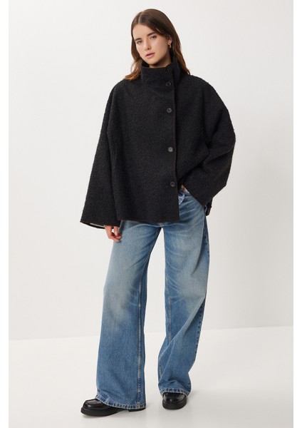 Düğmeli Oversize Yün Efektli Ceket LDP0087 Siyah fiyatları