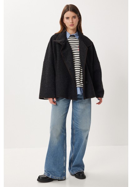 Düğmeli Oversize Yün Efektli Ceket LDP0087 Siyah modelleri