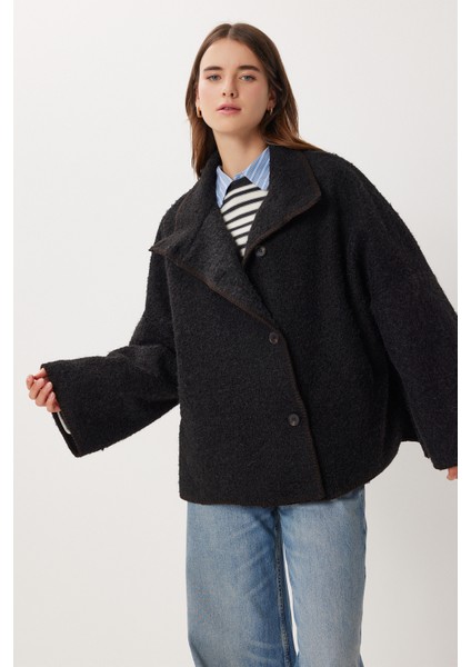 Düğmeli Oversize Yün Efektli Ceket LDP0087 Siyah fırsatları