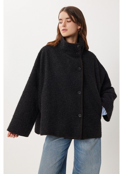 Düğmeli Oversize Yün Efektli Ceket LDP0087 Siyah indirimleri