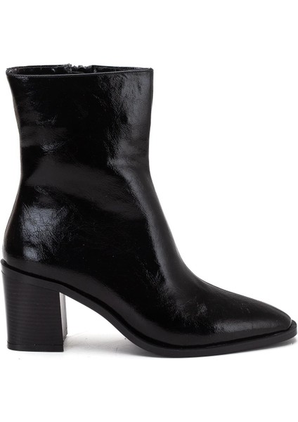 Siyah Kadın Kalın Topuklu Bot Rugan Küt Burun Yüzüdüz fiyatları