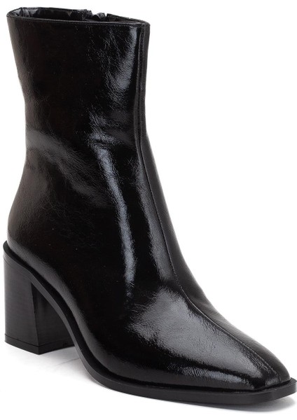 Siyah Kadın Kalın Topuklu Bot Rugan Küt Burun Yüzüdüz modelleri