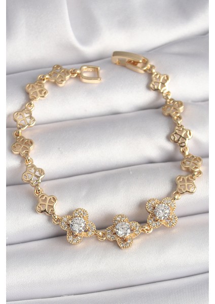 Pirinç Gold Renk Zirkon Taşlı Yonca Model Kadın Bileklik BLK-88395