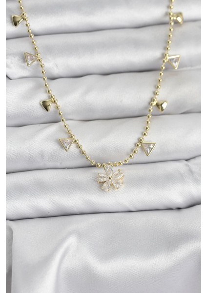 Pirinç Gold Renk Zirkon Taşlı Çiçek Model Kadın Kolye - TJ-BKO10642