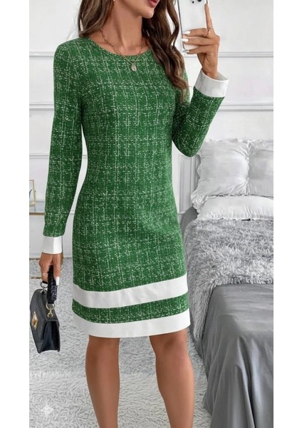 Kadın Uzun Kollu Yuvarlak Yaka Etek Ucu Şerit Detaylı Mini Dokuma Elbise fırsatları