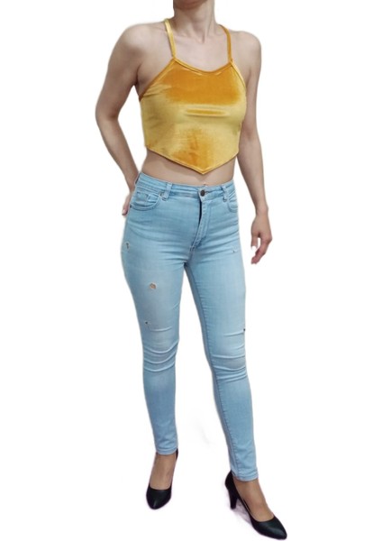 Hardal Renk Kadife Asimetrik Kesim Çapraz Askılı Crop