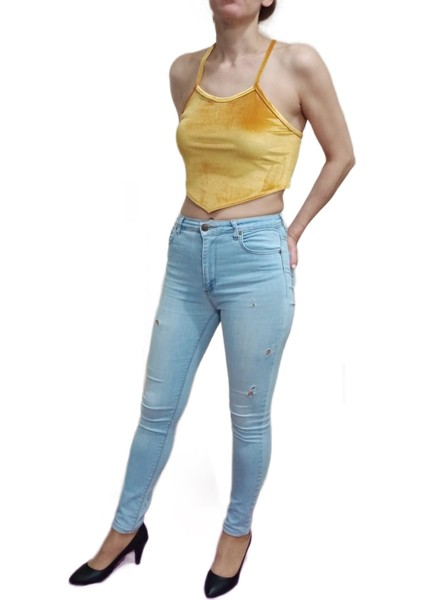 Hardal Renk Kadife Asimetrik Kesim Çapraz Askılı Crop fiyatları