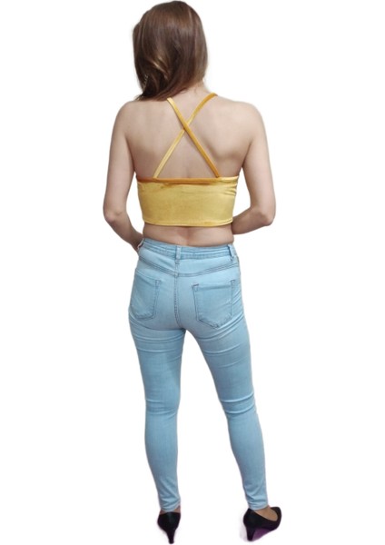 Hardal Renk Kadife Asimetrik Kesim Çapraz Askılı Crop modelleri