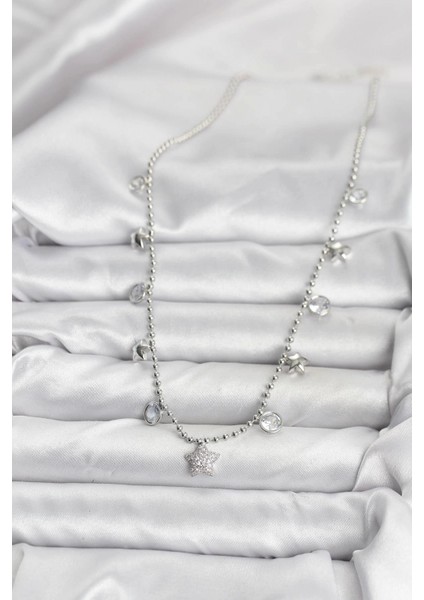 Pirinç Gümüş Renk Yıldız Model Kadın Kolye - TJ-BKO10650 fiyatları