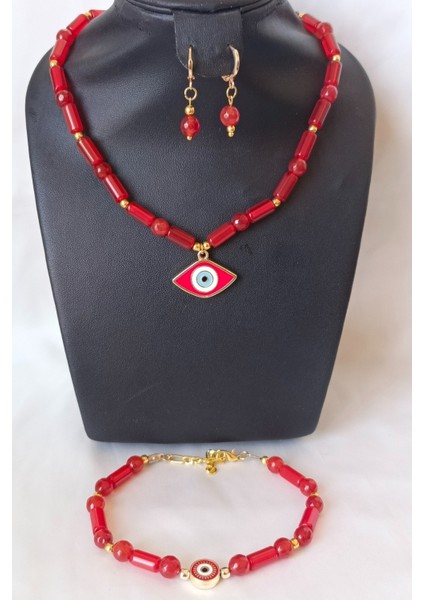 Nazar Boncuklu Altın Kaplama Mercan Doğal Taşlı Takı Seti