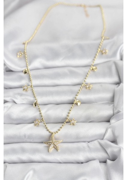 Pirinç Gold Renk Zirkon Taşlı Deniz Yıldızı Model Kadın Kolye - TJ-BKO10644 fiyatları