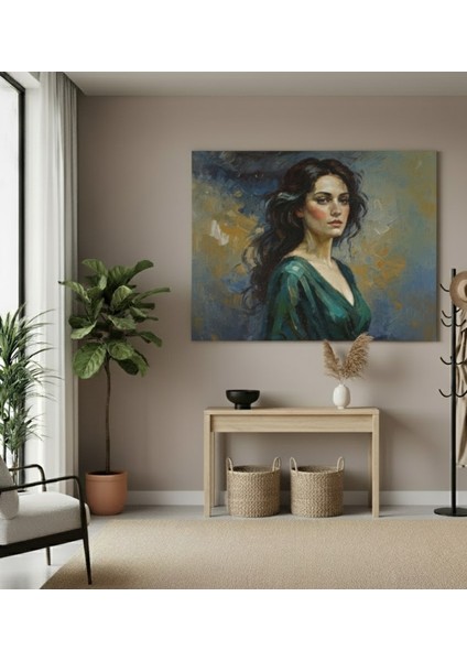 Yağlı Boya Efektli Kadın Portresi Kanvas Tablo, Yeşil Tonlarda Tablo