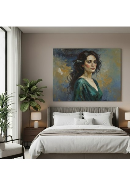 Yağlı Boya Efektli Kadın Portresi Kanvas Tablo, Yeşil Tonlarda Tablo fiyatları