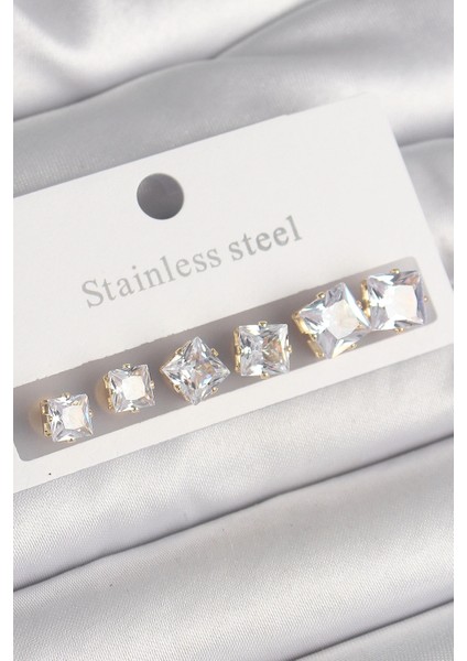 316L Çelik Gold Renk Kare Zirkon Taş Model Kadın Küpe Seti - TJ-BKP10304