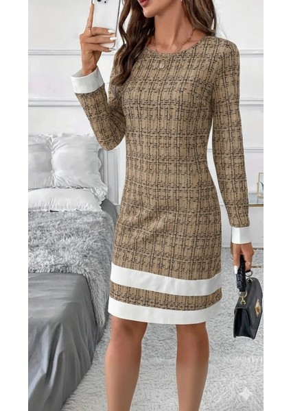 Kadın Uzun Kollu Yuvarlak Yaka Etek Ucu Şerit Detaylı Mini Dokuma Elbise