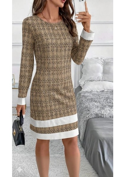 Kadın Uzun Kollu Yuvarlak Yaka Etek Ucu Şerit Detaylı Mini Dokuma Elbise fırsatları