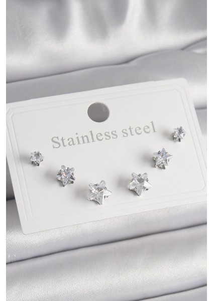 316L Çelik Gümüş Renk Zirkon Taşlı Yıldız Model Kadın Küpe Seti - TJ-BKP9881