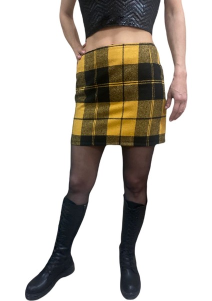 Desenli Kalın Kumaş Arkadan Fermuarlı Yüksek Bel Kareli Dar Mini Etek fiyatları