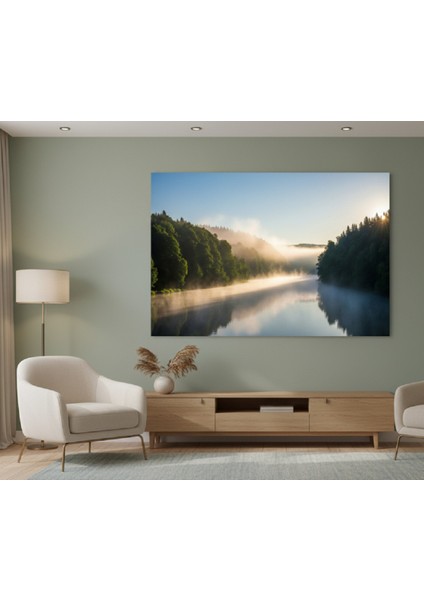 Modern Dekorasyon Tablo: Yansımalı Nehir ve Sisli Orman Kanvas Tablo