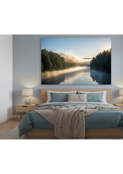 Modern Dekorasyon Tablo: Yansımalı Nehir ve Sisli Orman Kanvas Tablo fiyatları