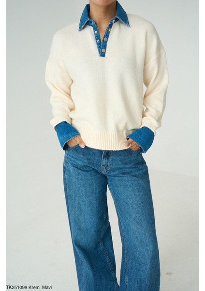 Yakası ve Kolu Jean Detaylı Krem Kazak