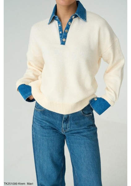 Yakası ve Kolu Jean Detaylı Krem Kazak fırsatları