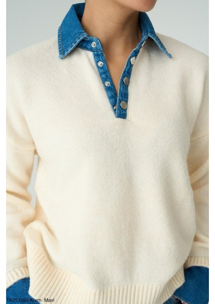 Yakası ve Kolu Jean Detaylı Krem Kazak indirimleri