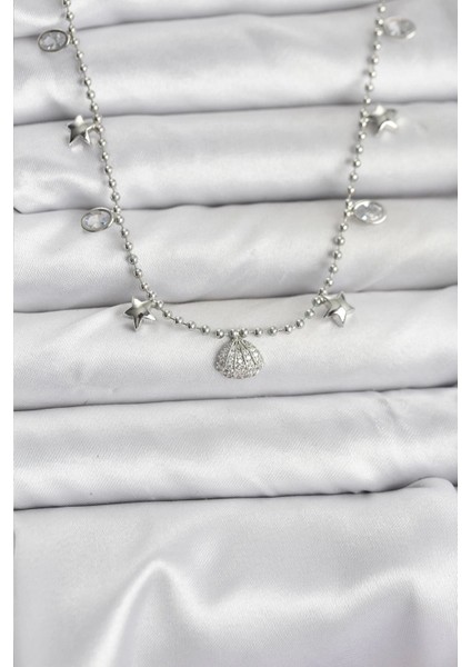 Pirinç Gümüş Renk Zirkon Taşlı Deniz Kabuğu Model Kadın Kolye - TJ-BKO10656