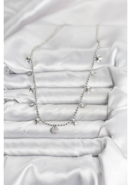 Pirinç Gümüş Renk Zirkon Taşlı Deniz Kabuğu Model Kadın Kolye - TJ-BKO10656 fiyatları