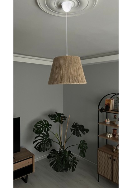 El Yapımı Jüt Hasır Bohem Rustik Avize Salon,yatak Odası,balkon Avize (Beyaz Duy)