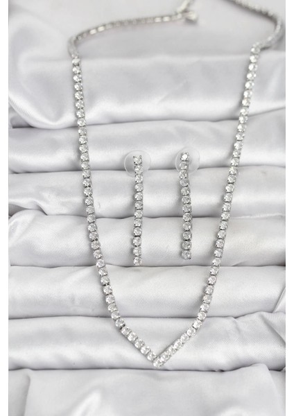 Gümüş Renk Zirkon Taşlı Kadın Kolye Küpe Seti - TJ-BKO10638