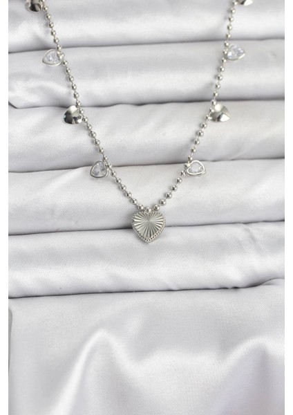 Pirinç Gümüş Renk Kalp Model Kadın Kolye - TJ-BKO10653