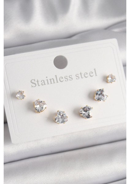 316L Çelik Gold Renk Zirkon Taşlı Kalp Model Kadın Küpe Seti - TJ-BKP9880