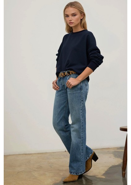 Kadın Oversize Bisiklet Yaka Basic Sweatshirt Lacivert