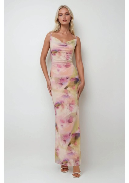 Kadın Degaje Yaka Desenli Maxi Tül Elbise Çok Renkli