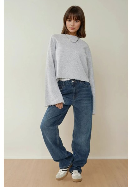 Kadın Oversize Kol ve Etek Ucu Detaylı Uzun Kollu Tişört Gri