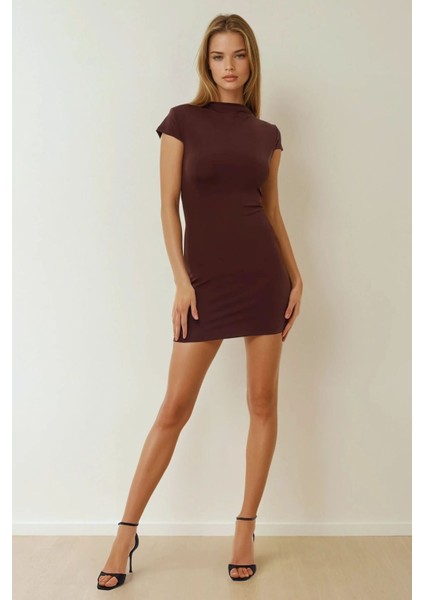 Kadın Soft Örme Bodycon Mini Elbise Kahverengi