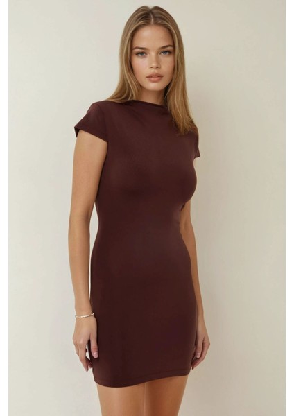 Kadın Soft Örme Bodycon Mini Elbise Kahverengi