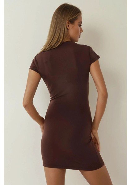 Kadın Soft Örme Bodycon Mini Elbise Kahverengi