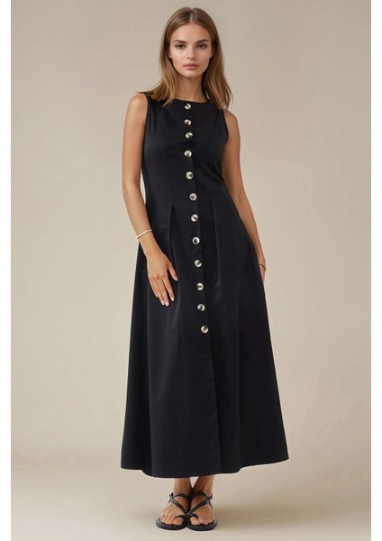 Kadın Düğme Detaylı Kolsuz A-Form Maxi Elbise Siyah
