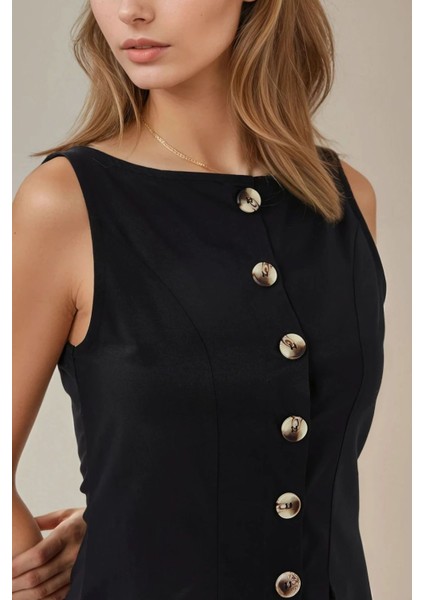 Kadın Düğme Detaylı Kolsuz A-Form Maxi Elbise Siyah