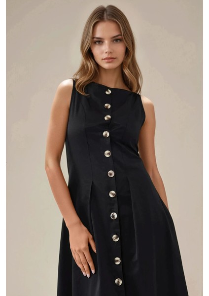 Kadın Düğme Detaylı Kolsuz A-Form Maxi Elbise Siyah