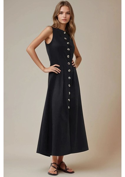 Kadın Düğme Detaylı Kolsuz A-Form Maxi Elbise Siyah