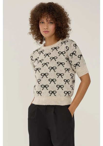 Kadın Fiyonk Desenli Kısa Kollu Triko Kazak Çok Renkli