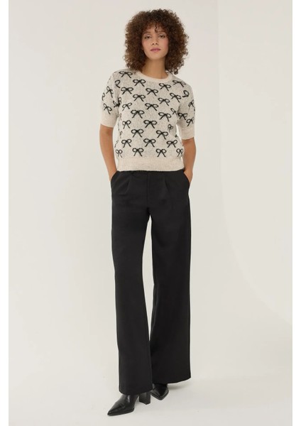 Kadın Fiyonk Desenli Kısa Kollu Triko Kazak Çok Renkli