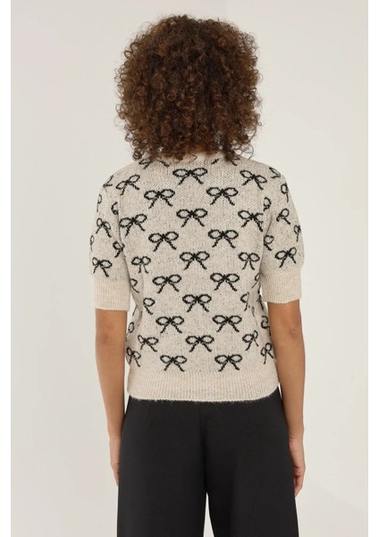 Kadın Fiyonk Desenli Kısa Kollu Triko Kazak Çok Renkli