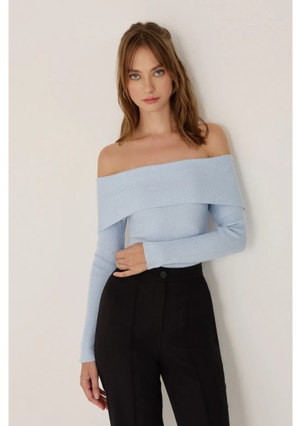 Kadın Omuz Açık Madonna Yaka Triko Üst Maya Mavisi