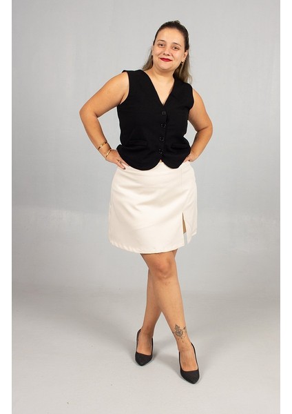 Büyük Beden Siyah Likralı Krep Kolsuz Yelek