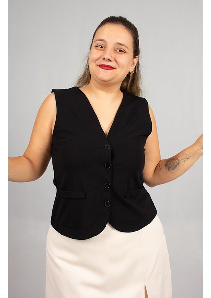 Büyük Beden Siyah Likralı Krep Kolsuz Yelek fiyatları