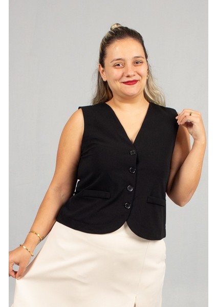 Büyük Beden Siyah Likralı Krep Kolsuz Yelek fırsatları